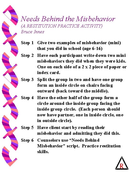 Needs Behind the Misbehavior (A RESTITUTION PRACTICE ACTIVITY) Bruce Innes Step 1 Give two