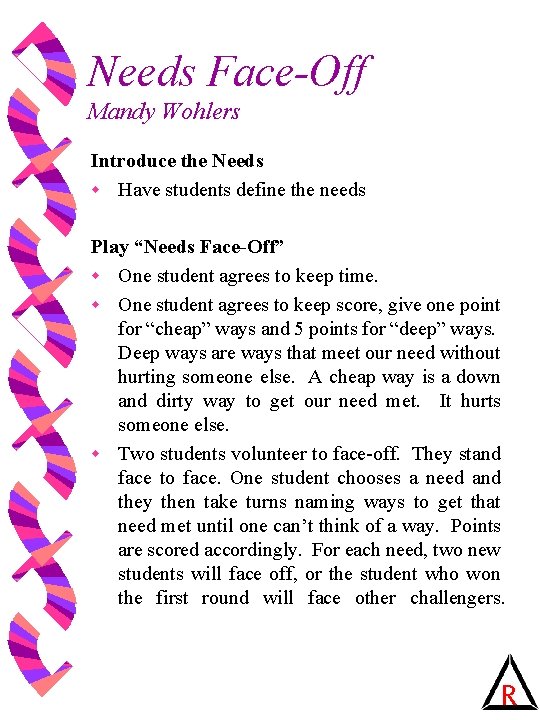 Needs Face-Off Mandy Wohlers Introduce the Needs w Have students define the needs Play