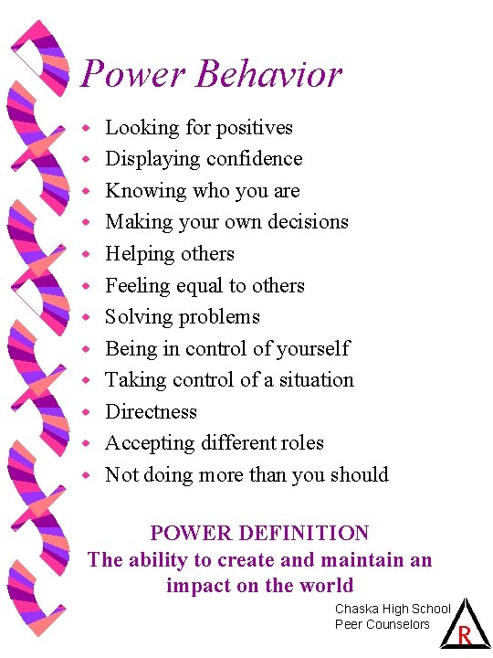 Power Behavior w w w Looking for positives Displaying confidence Knowing who you are