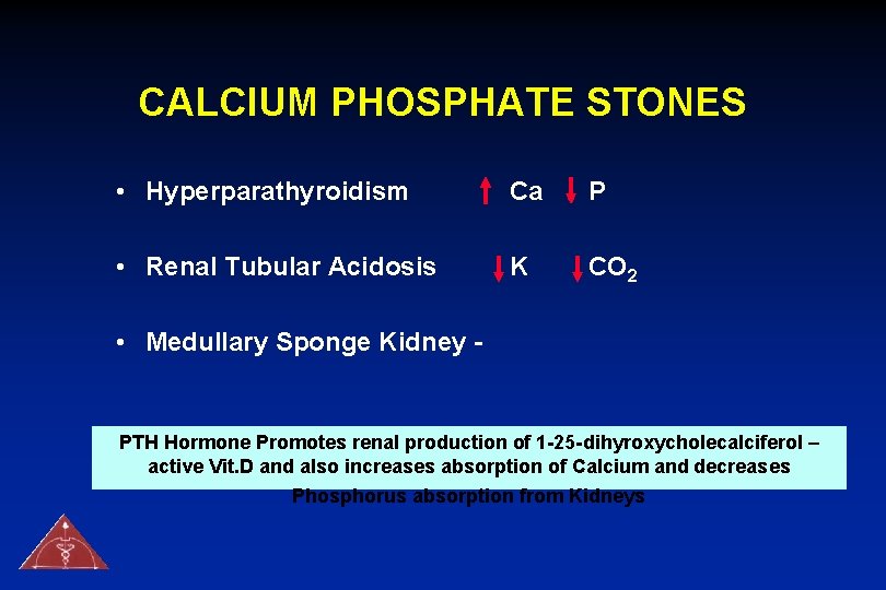 CALCIUM PHOSPHATE STONES • Hyperparathyroidism Ca P • Renal Tubular Acidosis K CO 2
