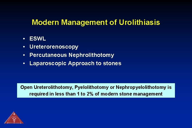 Modern Management of Urolithiasis • • ESWL Ureterorenoscopy Percutaneous Nephrolithotomy Laparoscopic Approach to stones