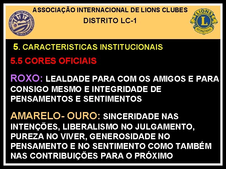 ASSOCIAÇÃO INTERNACIONAL DE LIONS CLUBES DISTRITO LC-1 5. CARACTERISTICAS INSTITUCIONAIS 5. 5 CORES OFICIAIS