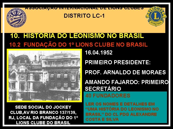 ASSOCIAÇÃO INTERNACIONAL DE LIONS CLUBES DISTRITO LC-1 10. HISTÓRIA DO LEONISMO NO BRASIL 10.