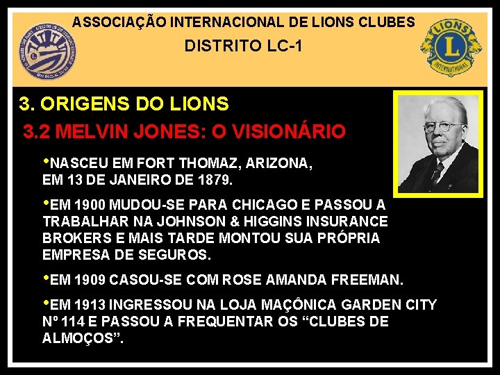 ASSOCIAÇÃO INTERNACIONAL DE LIONS CLUBES DISTRITO LC-1 3. ORIGENS DO LIONS 3. 2 MELVIN