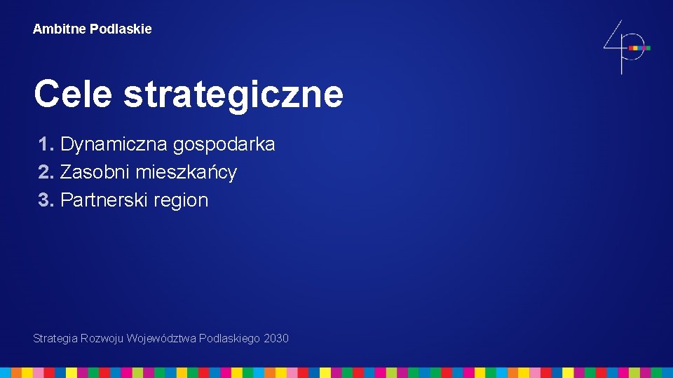 Ambitne Podlaskie Cele strategiczne 1. Dynamiczna gospodarka 2. Zasobni mieszkańcy 3. Partnerski region Strategia