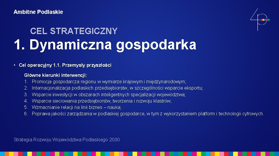 Ambitne Podlaskie CEL STRATEGICZNY 1. Dynamiczna gospodarka • Cel operacyjny 1. 1. Przemysły przyszłości