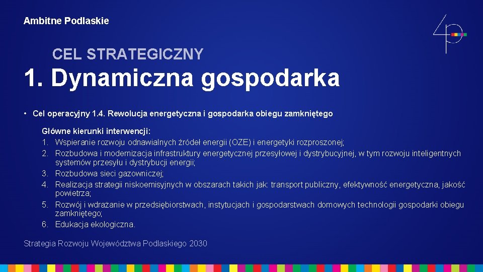 Ambitne Podlaskie CEL STRATEGICZNY 1. Dynamiczna gospodarka • Cel operacyjny 1. 4. Rewolucja energetyczna