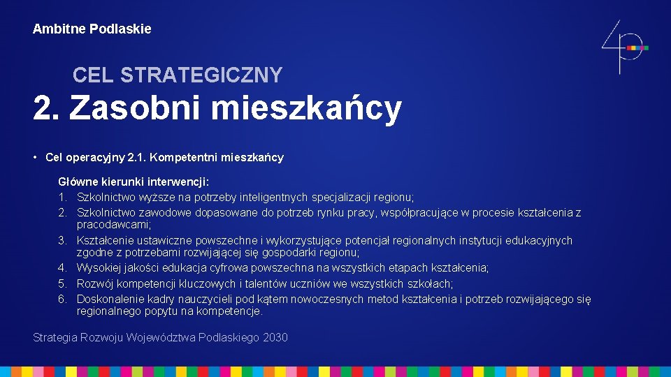 Ambitne Podlaskie CEL STRATEGICZNY 2. Zasobni mieszkańcy • Cel operacyjny 2. 1. Kompetentni mieszkańcy