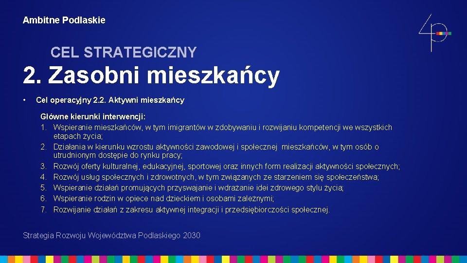 Ambitne Podlaskie CEL STRATEGICZNY 2. Zasobni mieszkańcy • Cel operacyjny 2. 2. Aktywni mieszkańcy