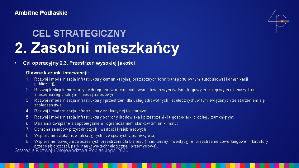 Ambitne Podlaskie CEL STRATEGICZNY 2. Zasobni mieszkańcy • Cel operacyjny 2. 3. Przestrzeń wysokiej