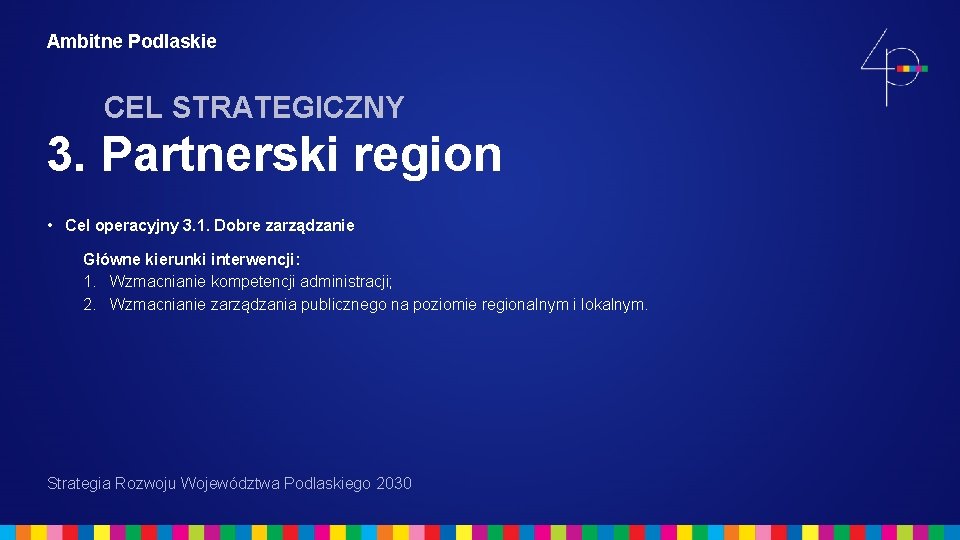 Ambitne Podlaskie CEL STRATEGICZNY 3. Partnerski region • Cel operacyjny 3. 1. Dobre zarządzanie