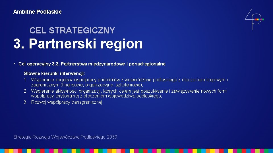 Ambitne Podlaskie CEL STRATEGICZNY 3. Partnerski region • Cel operacyjny 3. 3. Partnerstwa międzynarodowe