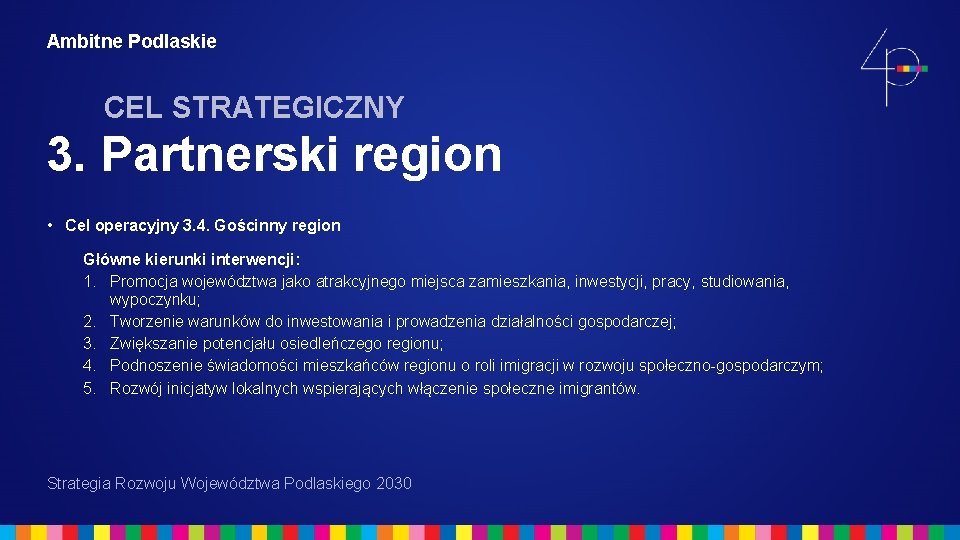 Ambitne Podlaskie CEL STRATEGICZNY 3. Partnerski region • Cel operacyjny 3. 4. Gościnny region