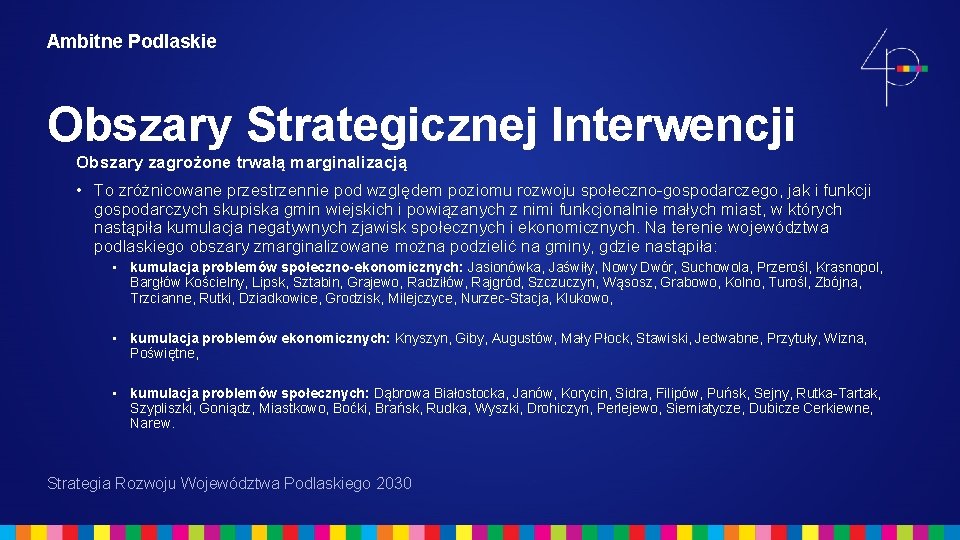 Ambitne Podlaskie Obszary Strategicznej Interwencji Obszary zagrożone trwałą marginalizacją • To zróżnicowane przestrzennie pod