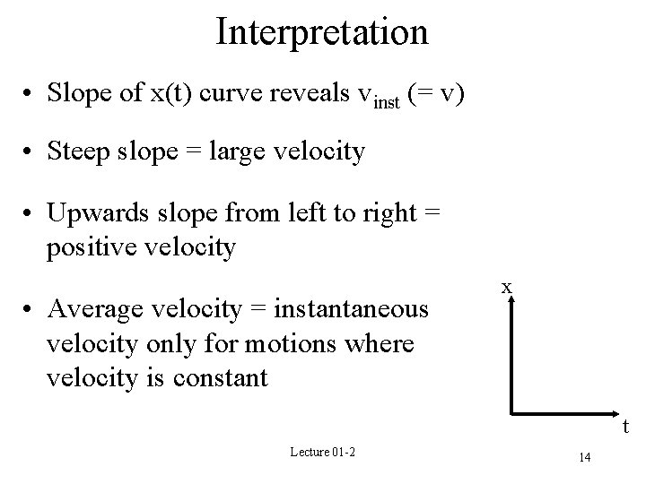 Interpretation • Slope of x(t) curve reveals vinst (= v) • Steep slope =