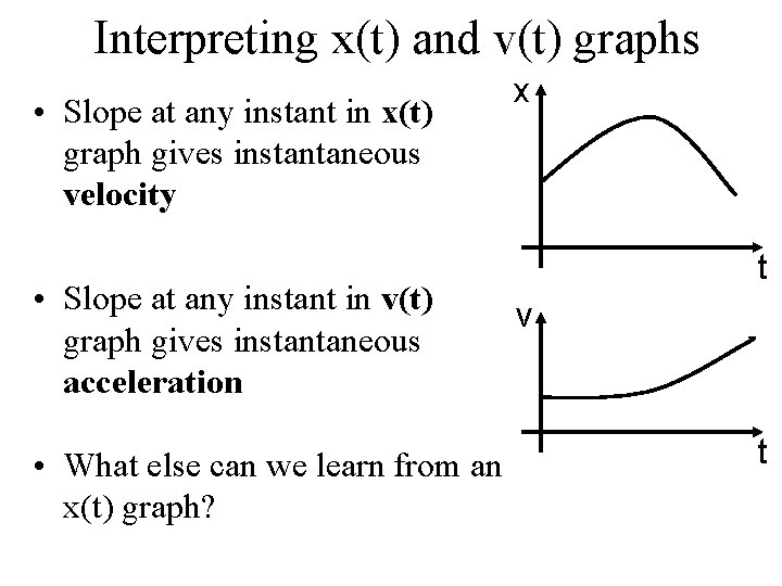 Interpreting x(t) and v(t) graphs • Slope at any instant in x(t) graph gives