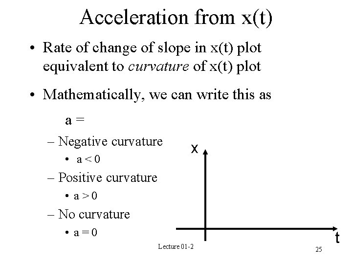 Acceleration from x(t) • Rate of change of slope in x(t) plot equivalent to