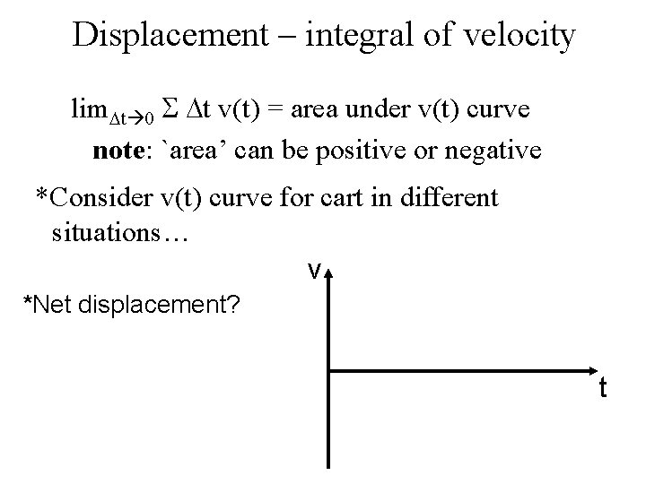 Displacement – integral of velocity lim. Dt 0 S Dt v(t) = area under