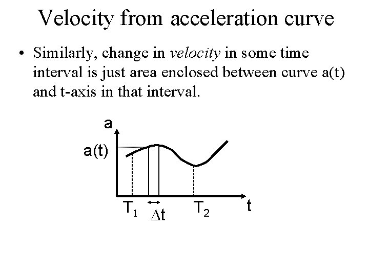 Velocity from acceleration curve • Similarly, change in velocity in some time interval is