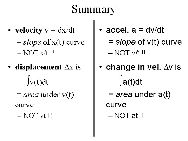 Summary • velocity v = dx/dt = slope of x(t) curve – NOT x/t