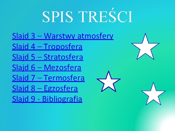 SPIS TREŚCI Slajd 3 – Warstwy atmosfery Slajd 4 – Troposfera Slajd 5 –