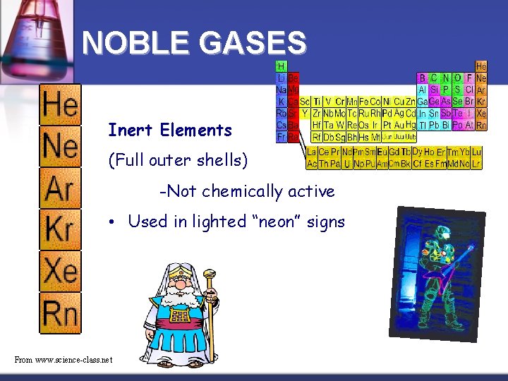 NOBLE GASES Inert Elements (Full outer shells) -Not chemically active • Used in lighted