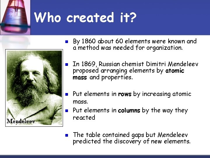 Who created it? n n n By 1860 about 60 elements were known and