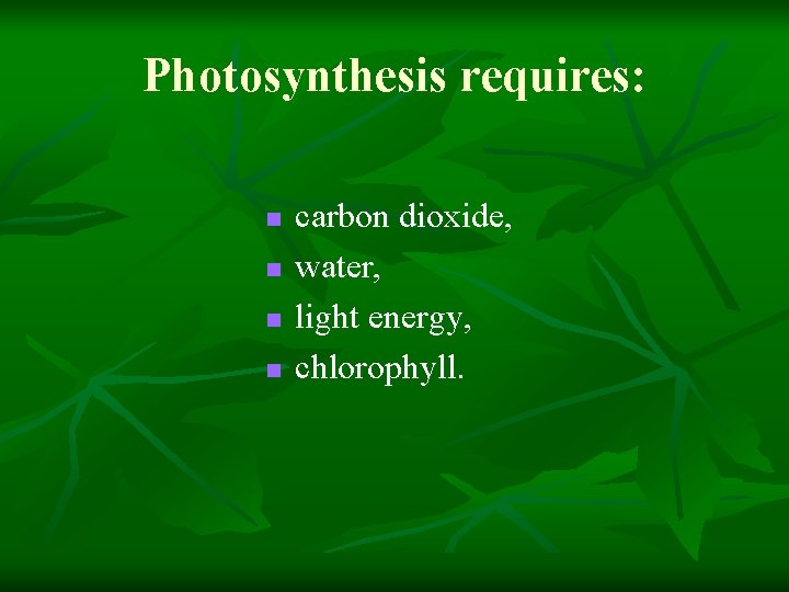 Photosynthesis requires: n n carbon dioxide, water, light energy, chlorophyll. 