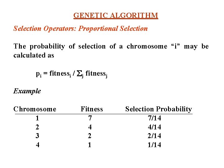 GENETIC ALGORITHM Selection Operators: Proportional Selection The probability of selection of a chromosome “i” GENETIC ALGORITHM Selection Operators: Proportional Selection The probability of selection of a chromosome “i”