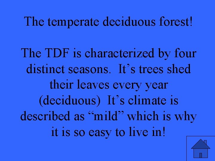 The temperate deciduous forest! The TDF is characterized by four distinct seasons. It’s trees