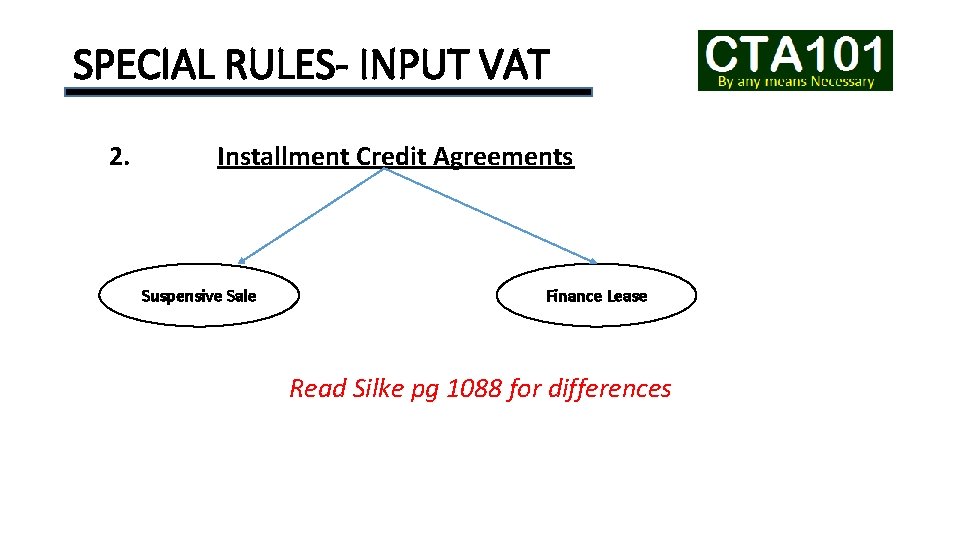 SPECIAL RULES- INPUT VAT 2. Installment Credit Agreements Suspensive Sale Finance Lease Read Silke