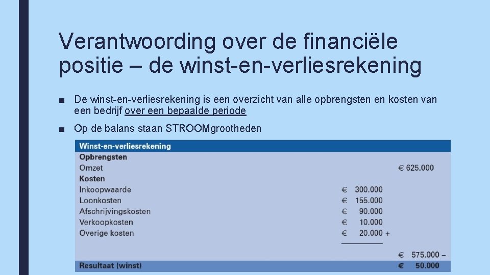 Verantwoording over de financiële positie – de winst-en-verliesrekening ■ De winst-en-verliesrekening is een overzicht