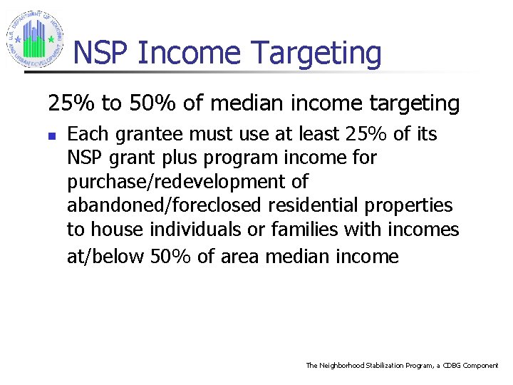 NSP Income Targeting 25% to 50% of median income targeting n Each grantee must