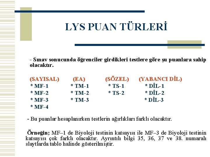 LYS PUAN TÜRLERİ - Sınav sonucunda öğrenciler girdikleri testlere göre şu puanlara sahip olacaktır.