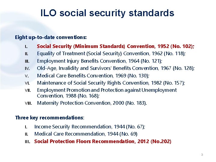 ILO social security standards Eight up-to-date conventions: I. III. IV. V. VIII. Social Security