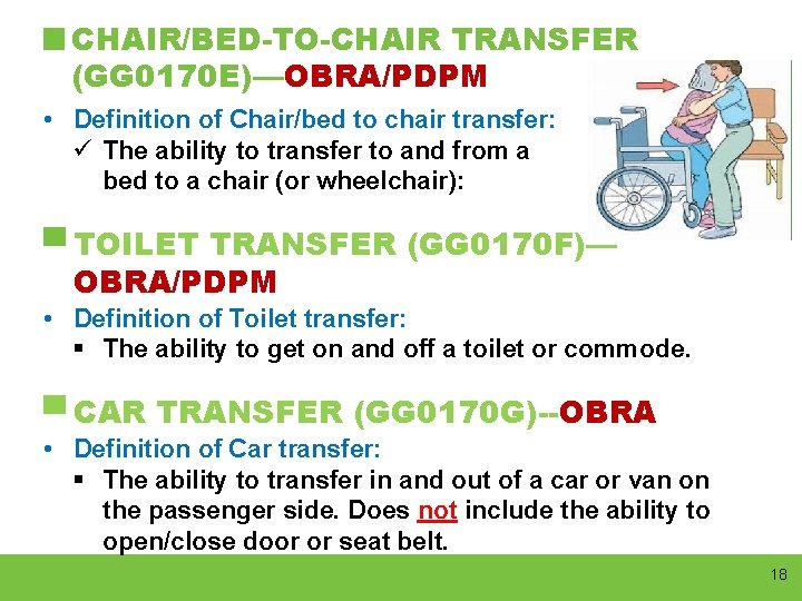 CHAIR/BED-TO-CHAIR TRANSFER (GG 0170 E)—OBRA/PDPM • Definition of Chair/bed to chair transfer: ü The