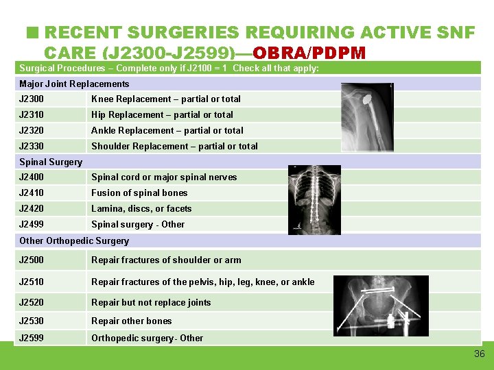 RECENT SURGERIES REQUIRING ACTIVE SNF CARE (J 2300 -J 2599)—OBRA/PDPM Surgical Procedures – Complete