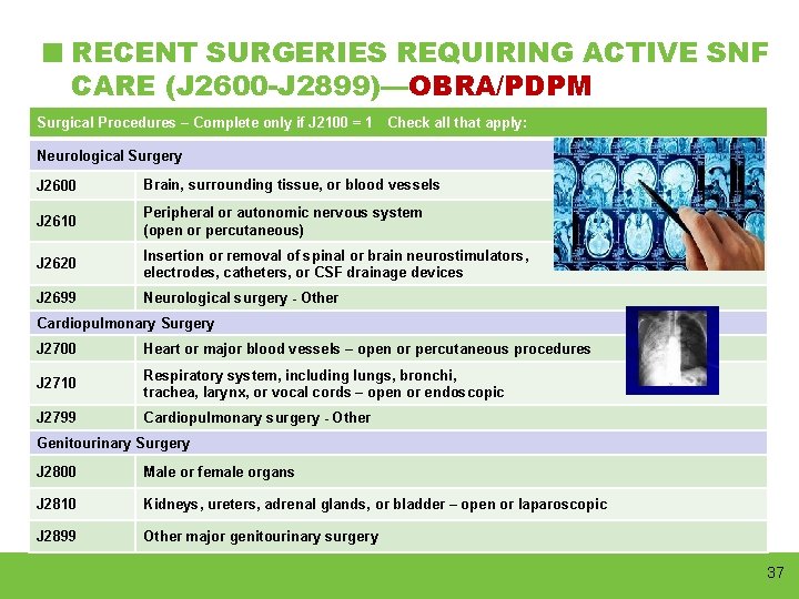 RECENT SURGERIES REQUIRING ACTIVE SNF CARE (J 2600 -J 2899)—OBRA/PDPM Surgical Procedures – Complete