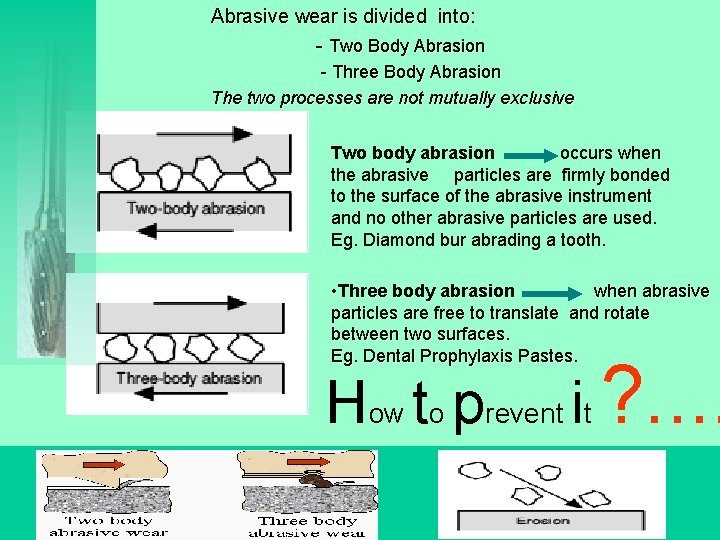 Abrasive wear is divided into: - Two Body Abrasion - Three Body Abrasion The