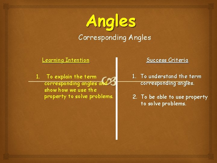 Angles Corresponding Angles Learning Intention 1. Success Criteria To explain the term corresponding angles