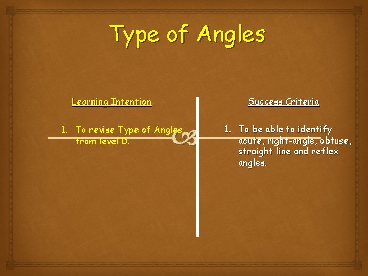 Type of Angles Learning Intention Success Criteria 1. To revise Type of Angles from Type of Angles Learning Intention Success Criteria 1. To revise Type of Angles from