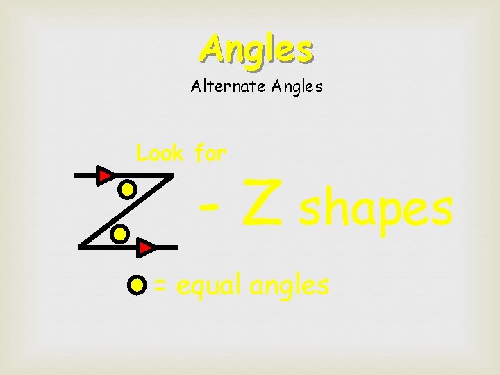 Angles Alternate Angles Look for - Z shapes = equal angles  Angles Alternate Angles Look for - Z shapes = equal angles