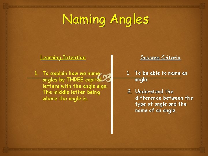 Naming Angles Learning Intention Success Criteria 1. To explain how we name angles by Naming Angles Learning Intention Success Criteria 1. To explain how we name angles by