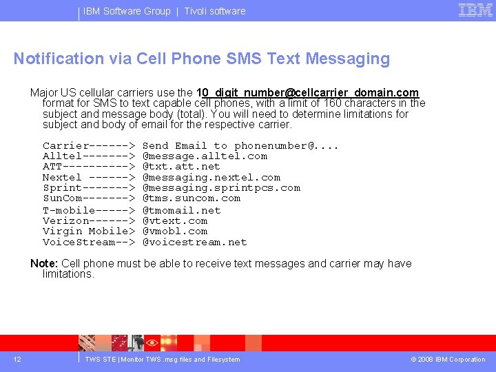 IBM Software Group | Tivoli software Notification via Cell Phone SMS Text Messaging Major