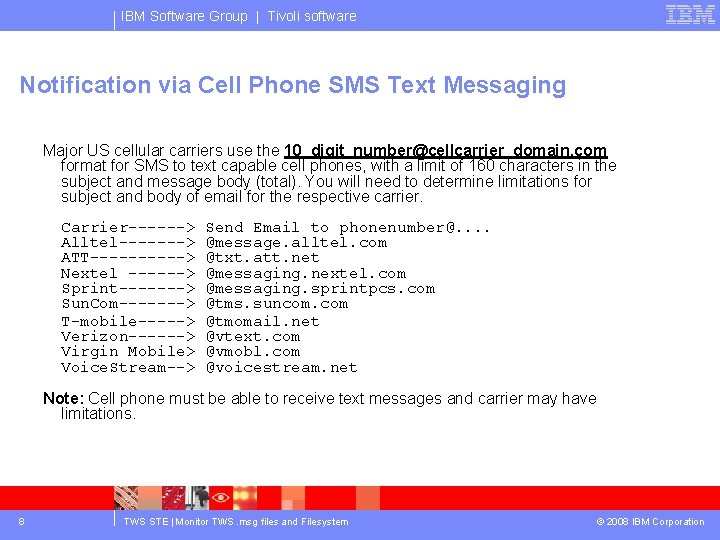 IBM Software Group | Tivoli software Notification via Cell Phone SMS Text Messaging Major