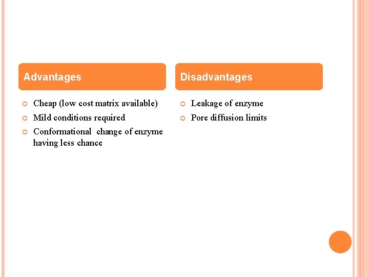 Advantages Disadvantages Cheap (low cost matrix available) Leakage of enzyme Mild conditions required Pore