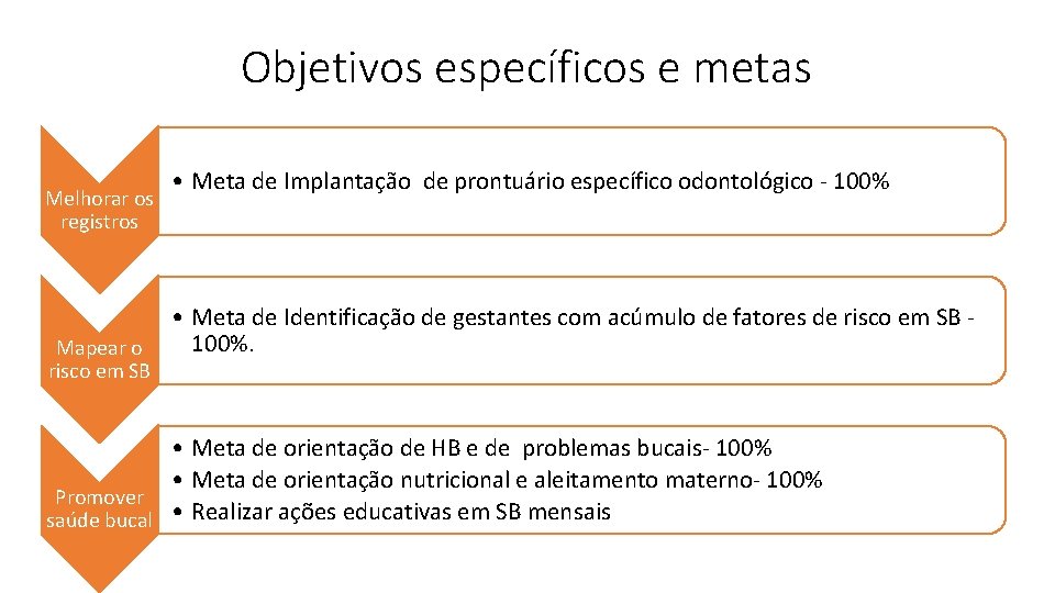 Objetivos específicos e metas Melhorar os registros Mapear o risco em SB • Meta