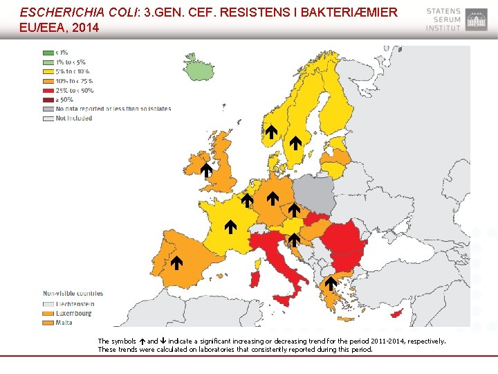 ESCHERICHIA COLI: 3. GEN. CEF. RESISTENS I BAKTERIÆMIER EU/EEA, 2014 symbols and indicate a