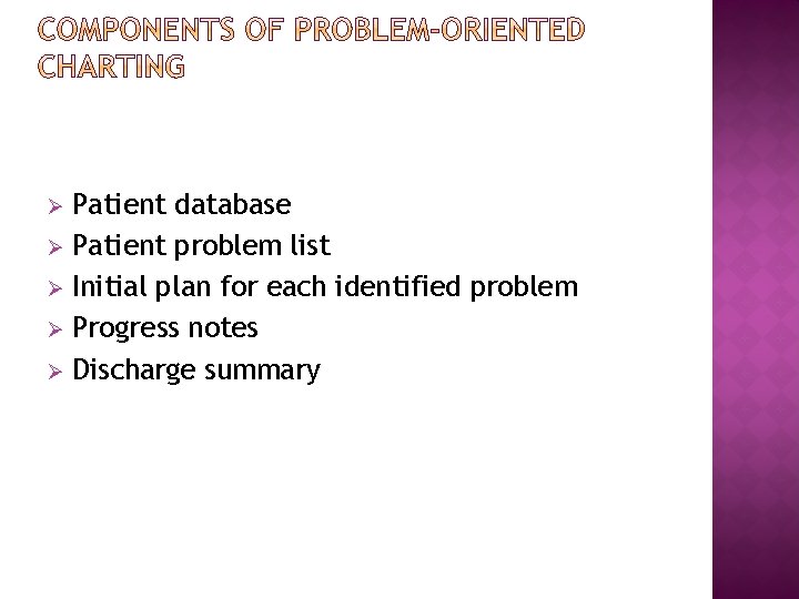 Patient database Ø Patient problem list Ø Initial plan for each identified problem Ø