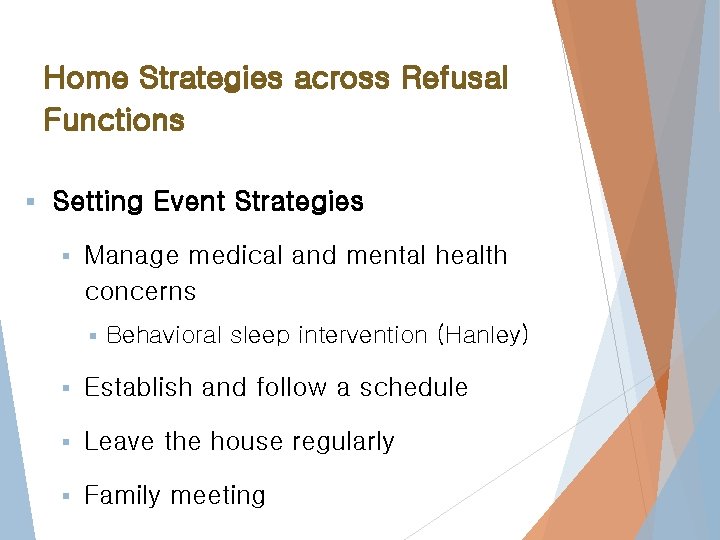 Home Strategies across Refusal Functions § Setting Event Strategies § Manage medical and mental